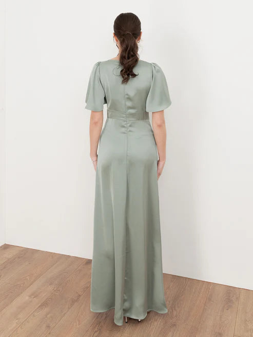 Maya V Neck Satin Maxi Dress With Angel Sleeve