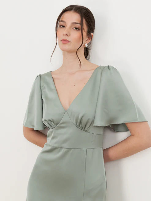 Maya V Neck Satin Maxi Dress With Angel Sleeve
