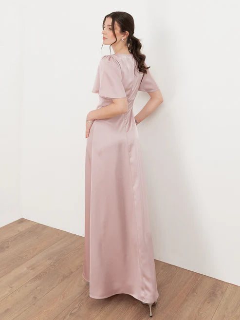 Maya V Neck Satin Maxi Dress With Angel Sleeve