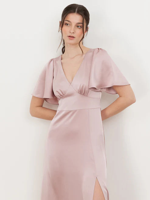 Maya V Neck Satin Maxi Dress With Angel Sleeve