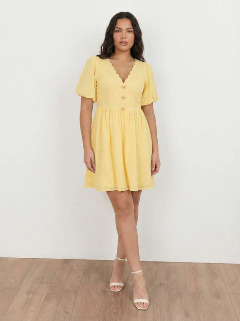 Lovedrobe Lemon Scalloped Starfish Button Mini Dress