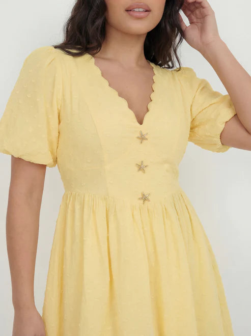 Lovedrobe Lemon Scalloped Starfish Button Mini Dress