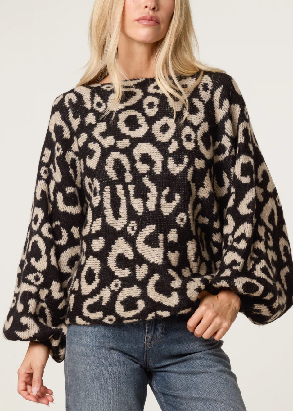 Leopard Knitted Ballon Sleeve Jumper