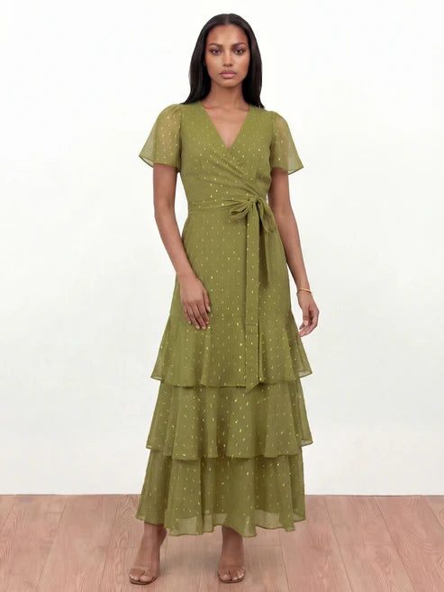 Anaya Olive Faux Wrap Ruffle Midaxi Dress