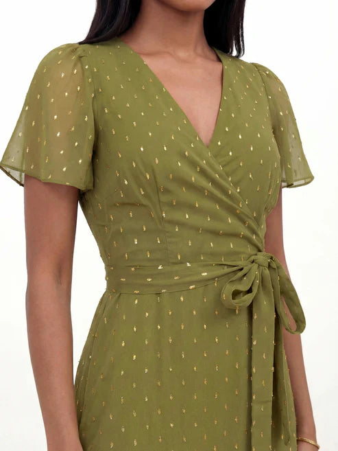 Anaya Olive Faux Wrap Ruffle Midaxi Dress