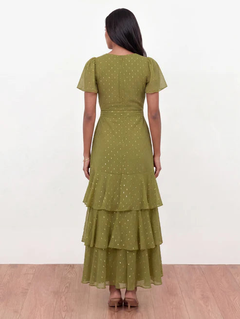 Anaya Olive Faux Wrap Ruffle Midaxi Dress