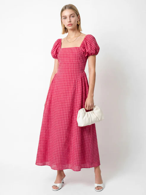 Lovedrobe Hot PInk Gingham Square neck Midaxi Dress