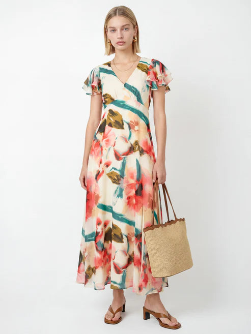 Lovedrobe Abstract Floral Flutter Sleeve Midaxi Dress