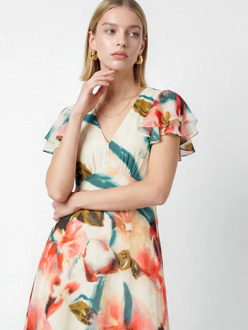 Lovedrobe Abstract Floral Flutter Sleeve Midaxi Dress