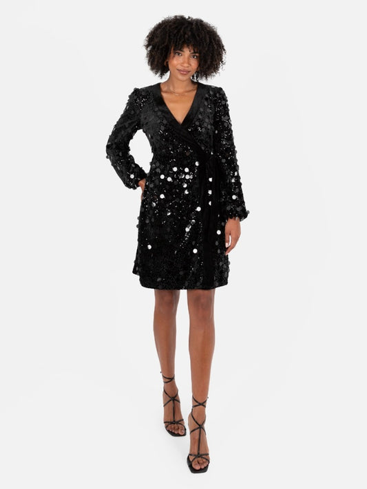 Lovedrobe Black Sequin & Velvet Trim Mini Wrap Dress