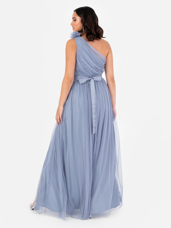 Anaya Slate Blue Ruffled One Shoulder Maxi Dress With Sash