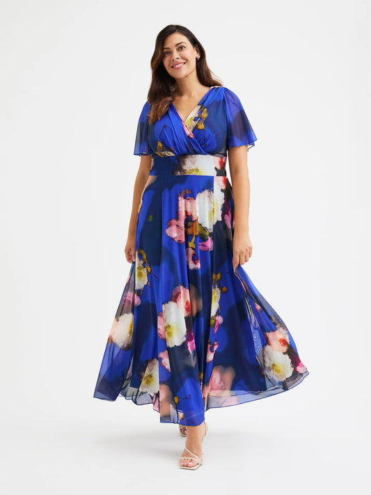Scarlett & Jo Isabelle Cobalt Blue Floral Angel Sleeve Dress