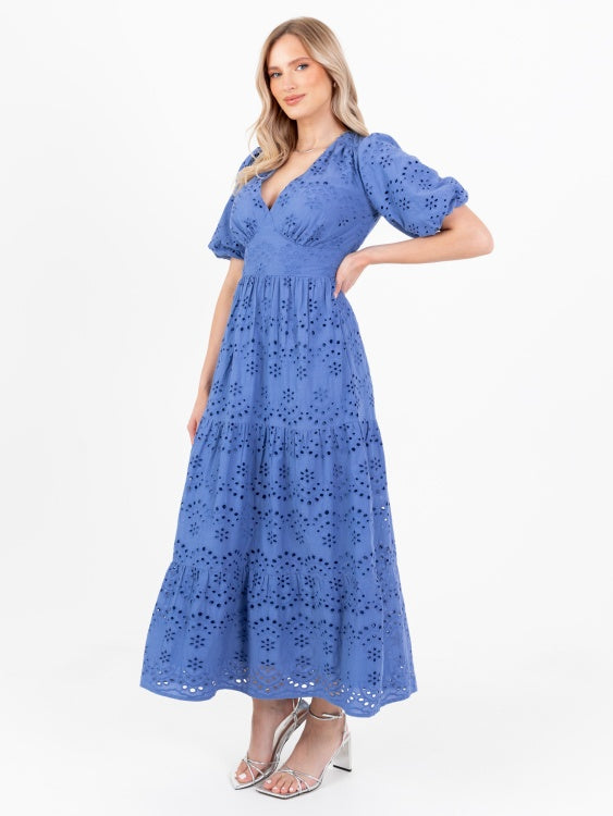 Lovedrobe Blue Broderie Puff Sleeve Tiered Midi Dress