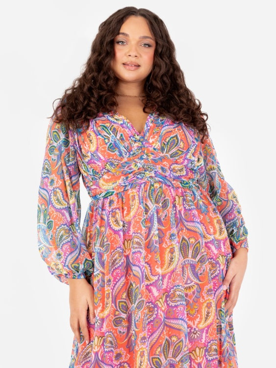 Lovedrobe Paisley V Neck Long Sleeve Midaxi Dress