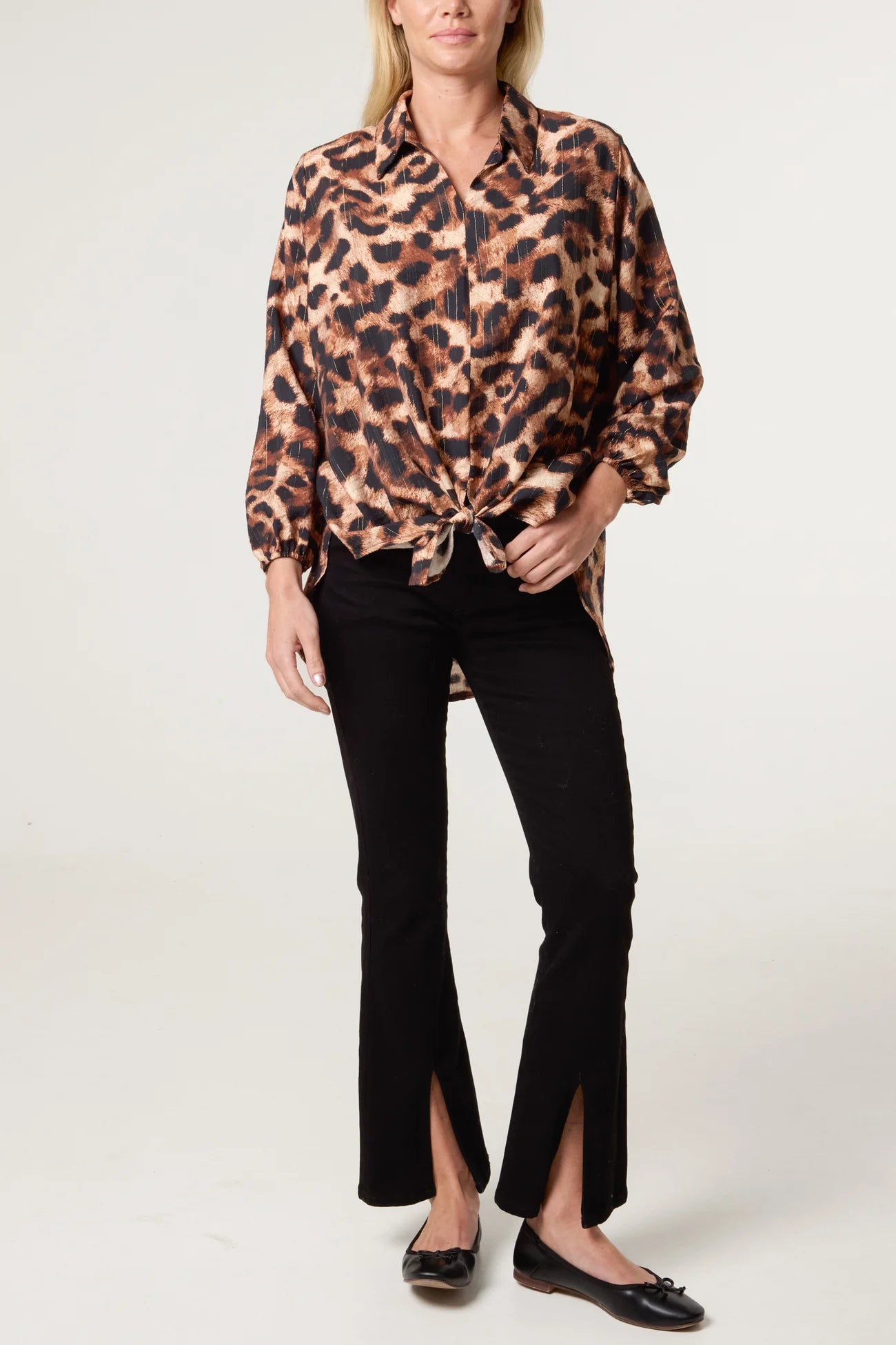 V-neck Leopard Print Metallic Detail Oversized Shirt