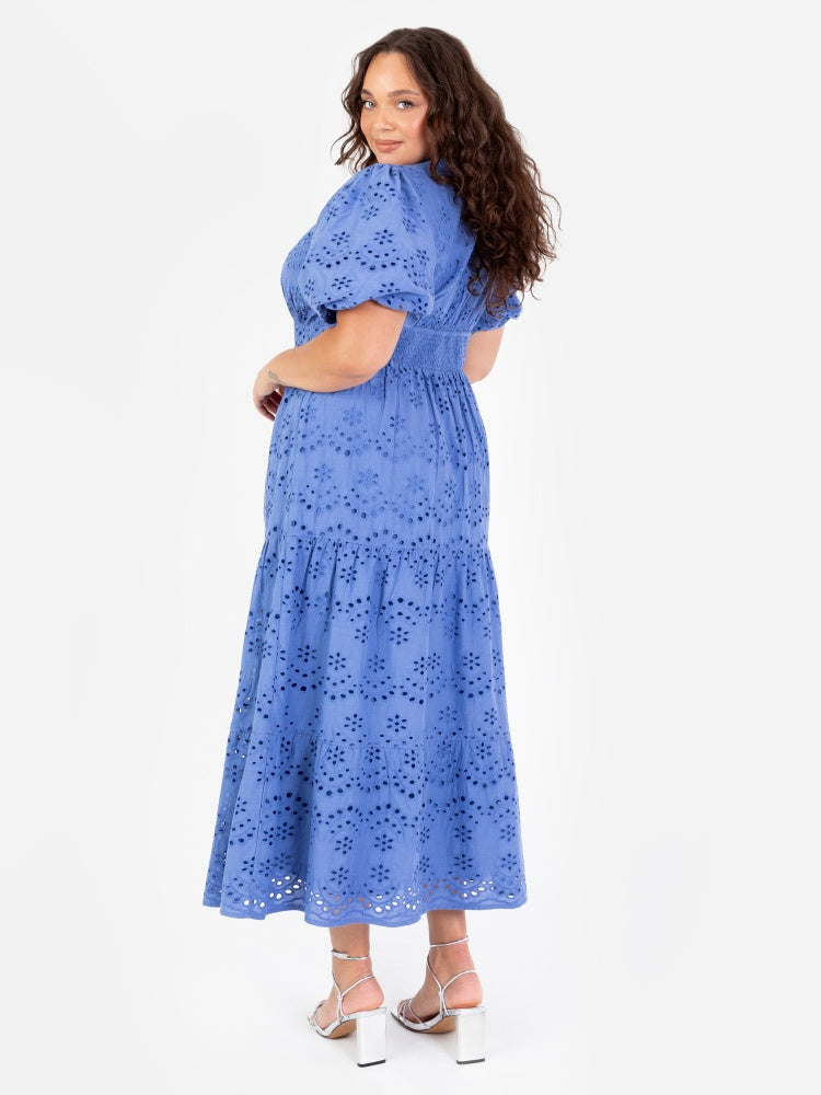 Lovedrobe Blue Broderie Puff Sleeve Tiered Midi Dress