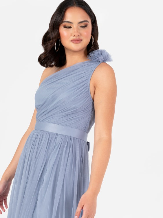 Anaya Slate Blue Ruffled One Shoulder Maxi Dress With Sash