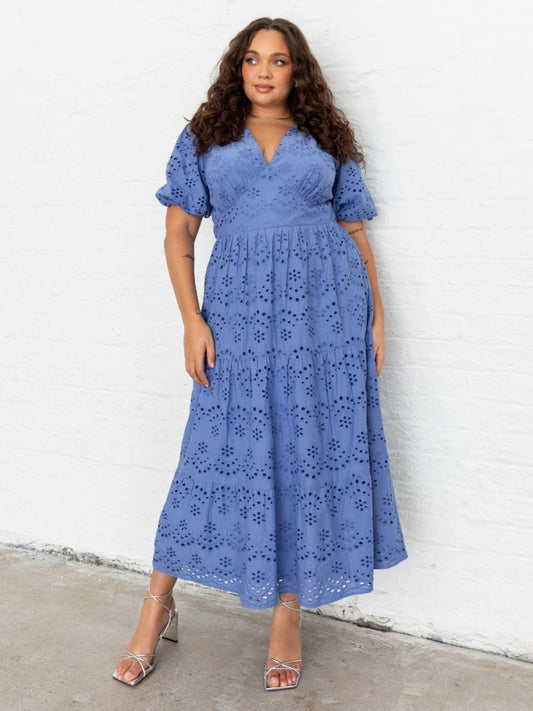 Lovedrobe Blue Broderie Puff Sleeve Tiered Midi Dress