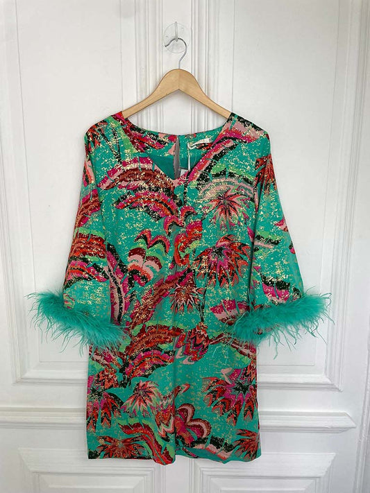 Malissa J Green Multi Bell Sleeve Dress With Detachable Feather Cuffs