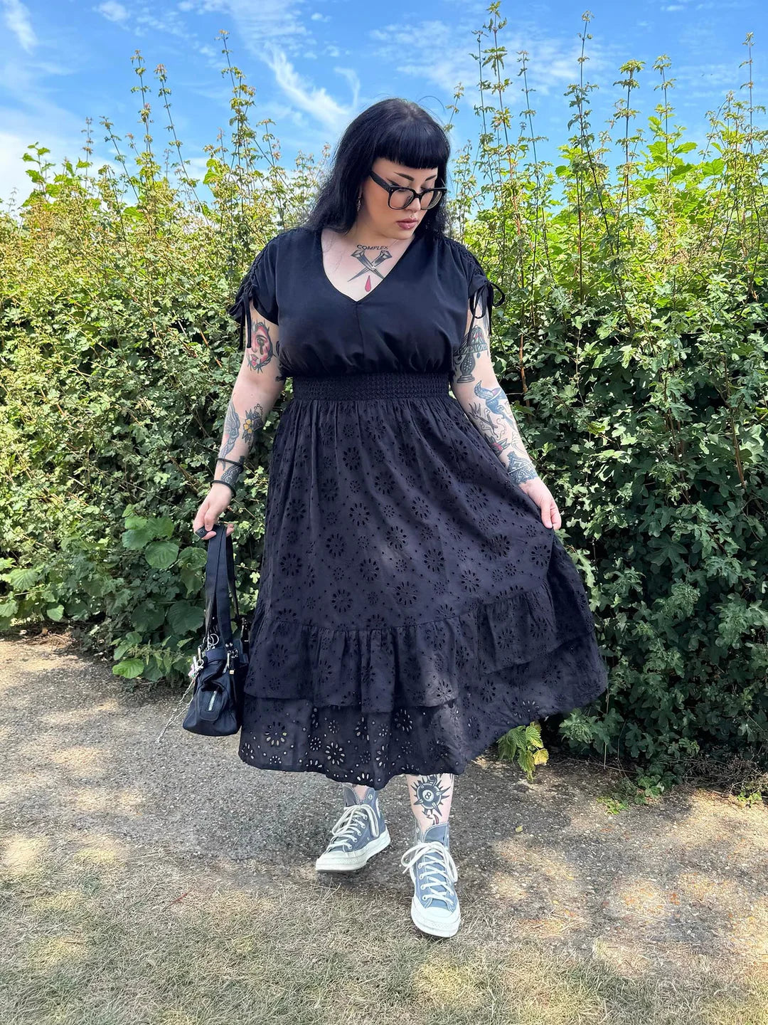 Snag Broderie Anglaise Midi Dress In Black
