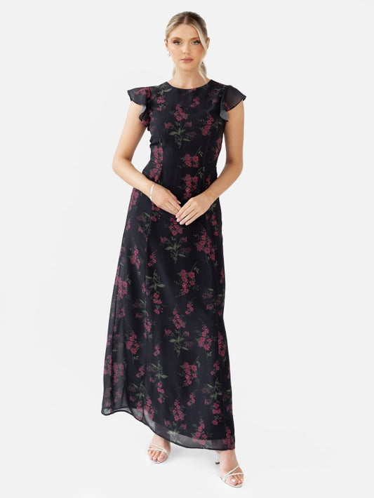 Anaya Black Floral Flutter Sleeve Maxi Dress With Tie Back
