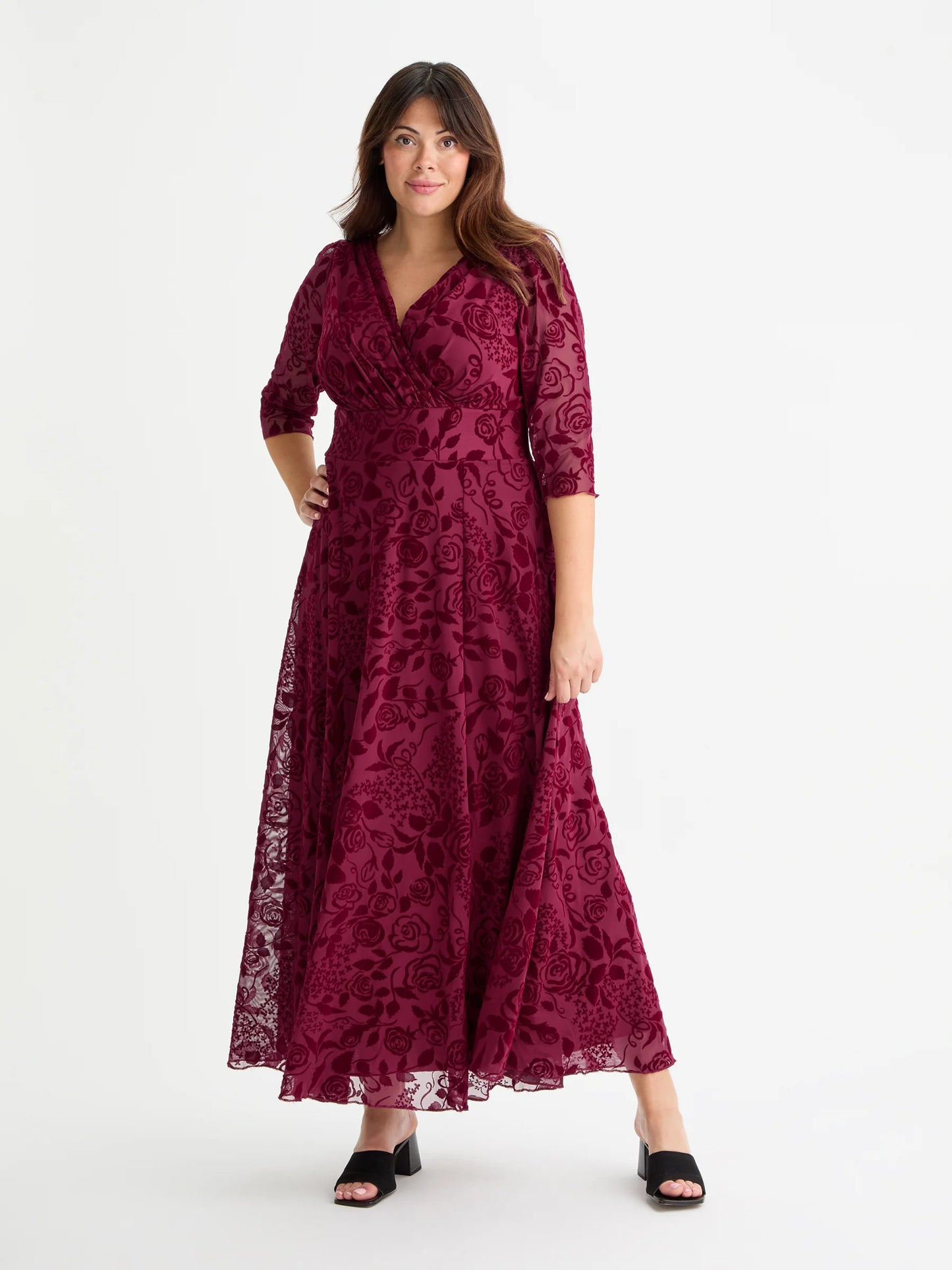 Scarlett & Jo Verity Wine Velvet Flock Maxi Dress