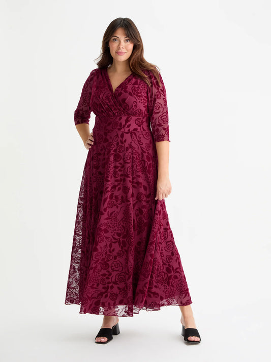 Scarlett & Jo Verity Wine Velvet Flock Maxi Dress