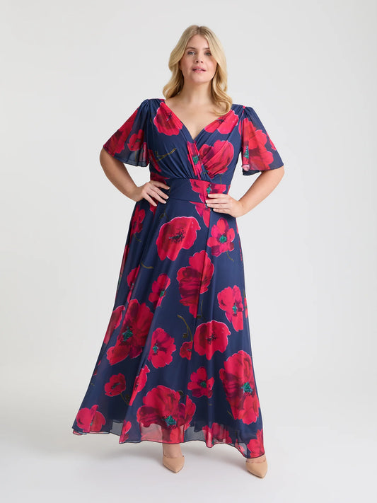 Scarlett & Jo Isabelle Navy Red Poppy Maxi Dress