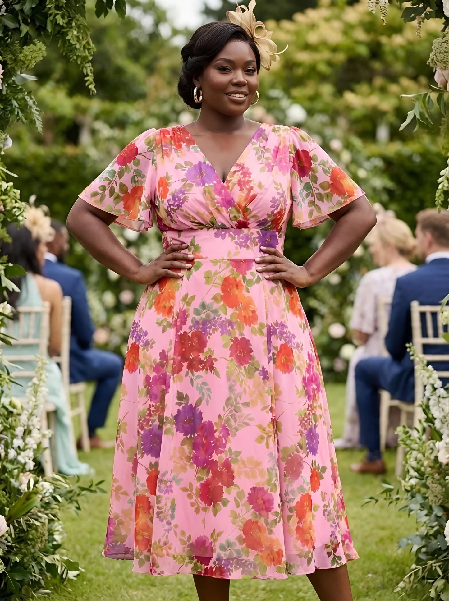 Scarlett & Jo Victoria Pink Orange Multi Midi Dress