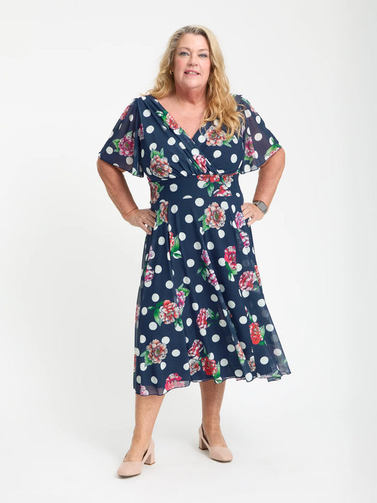 Scarlett & Jo Petite Victoria Navy Spot Floral Midi Dress