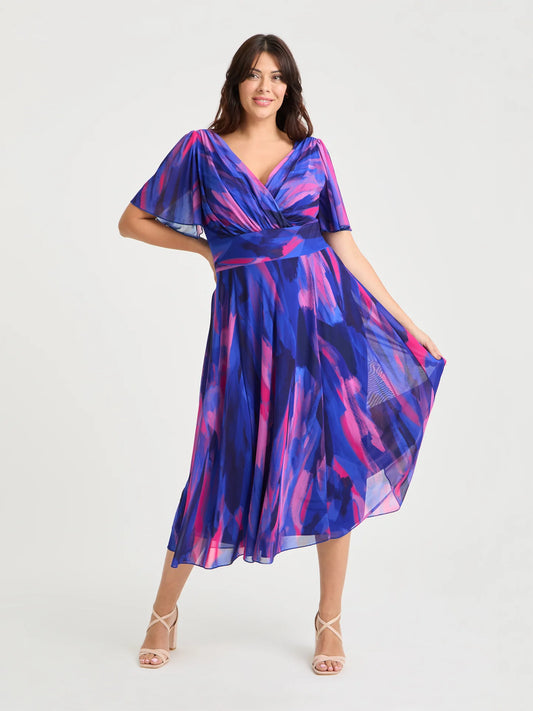 Scarlett & Jo Victoria Blue Pink Brush Midi Dress
