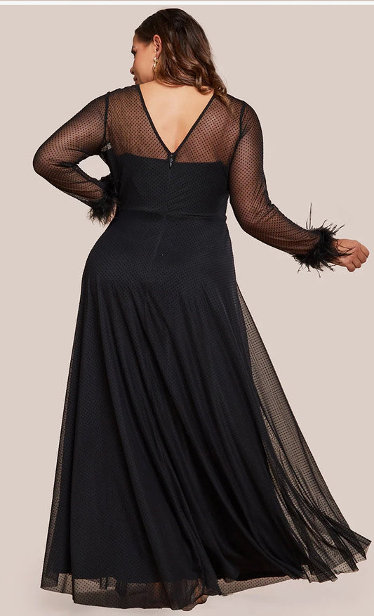 Mesh Sleeve, Feather Cuff Maxi Dress