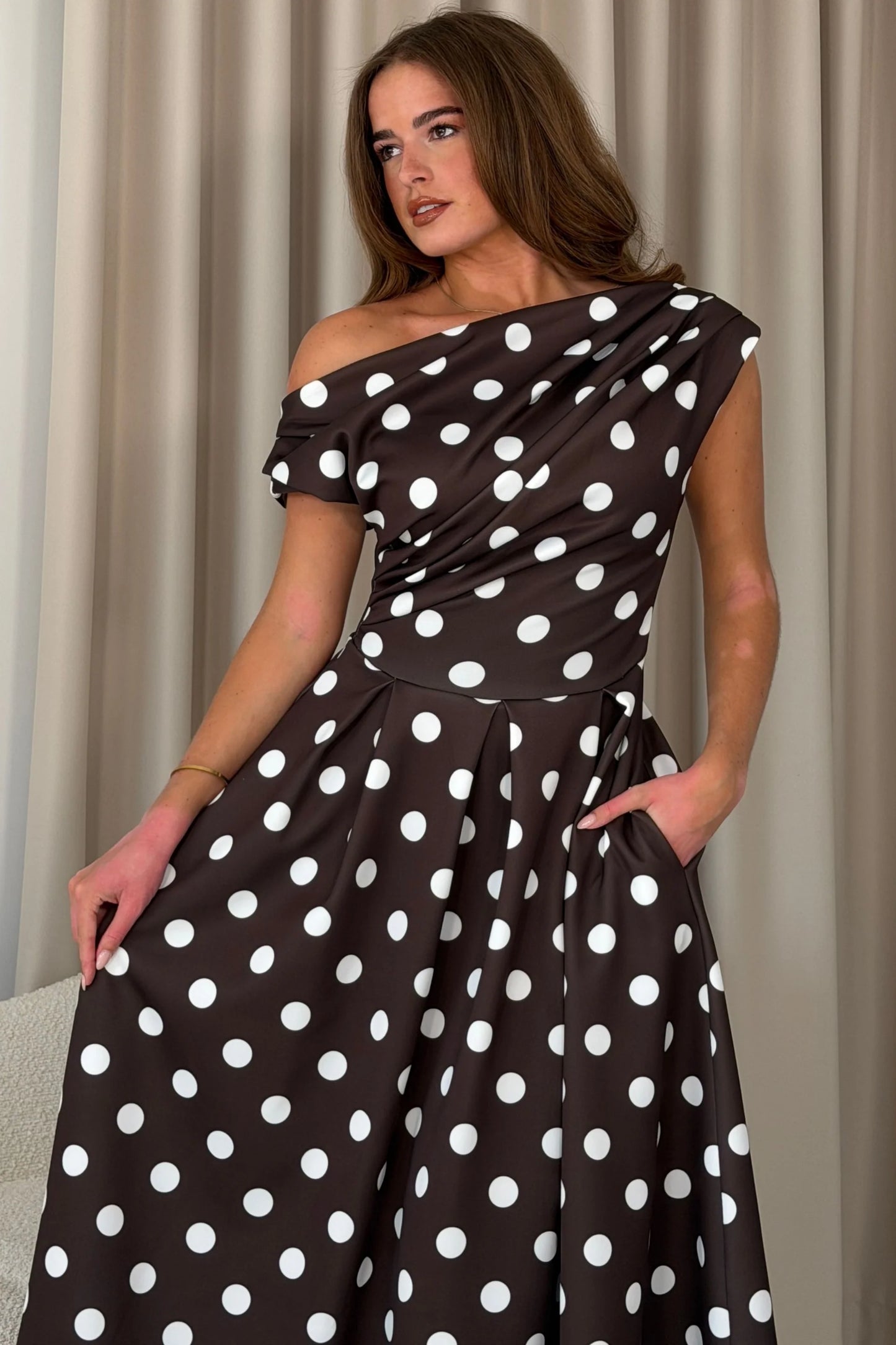 Girl In Mind Asymmetric Neckline Polka Dot Skater Dress