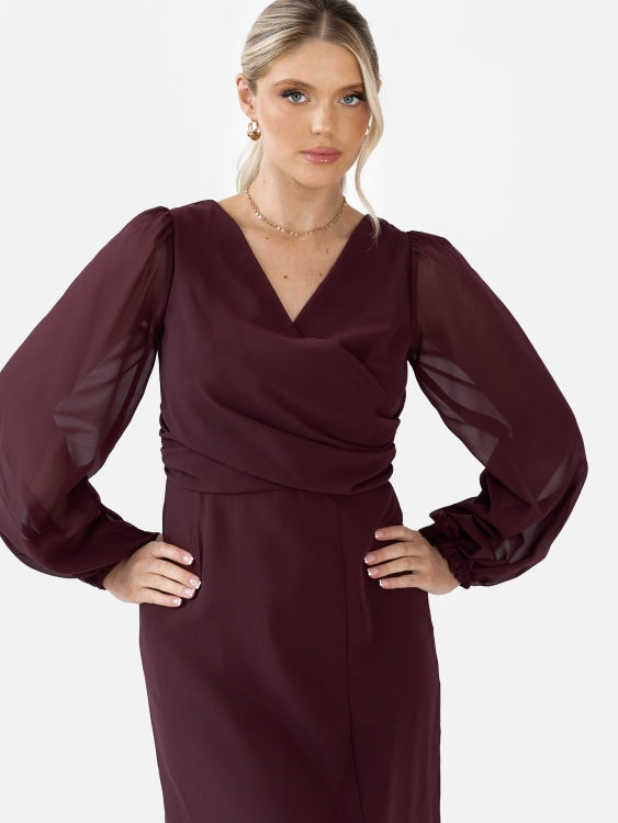 Anaya Maroon Faux Wrap Blouson Sleeve Maxi Dress