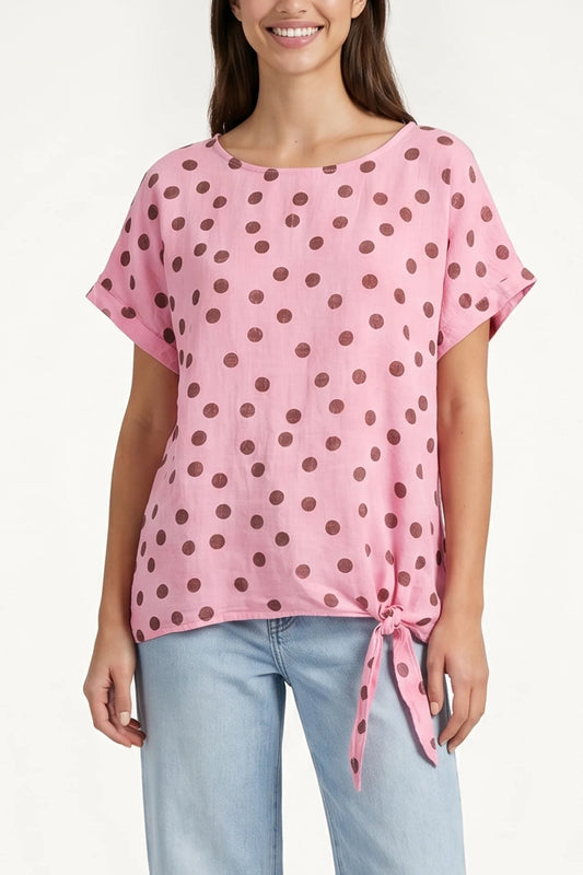 Side Knot Polka Dot Cotton Top