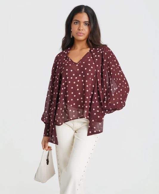 Needs No Label Polka Dot Tie Neck Blouse