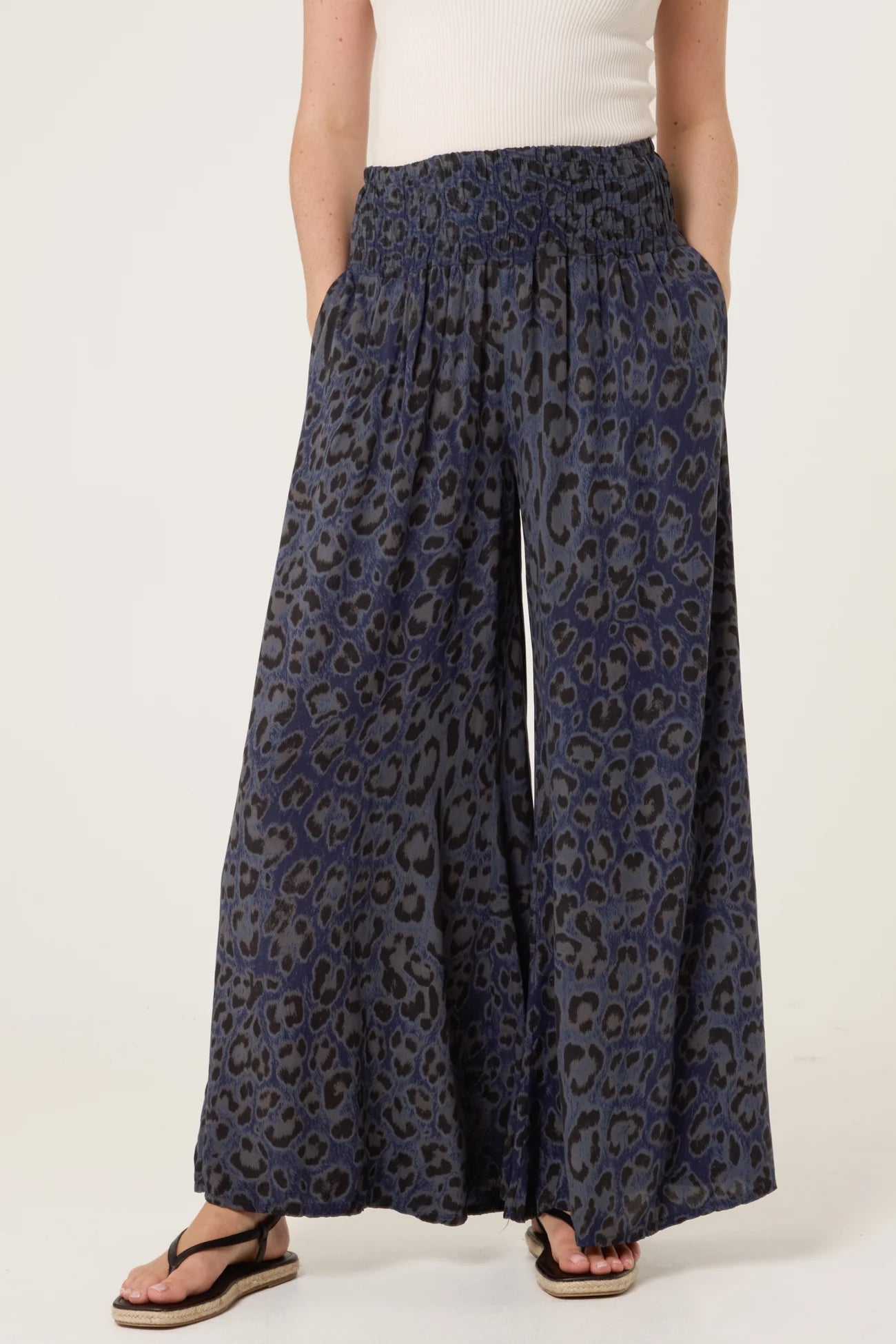 Leopard Print Shirred Waistband Wide Leg Trousers