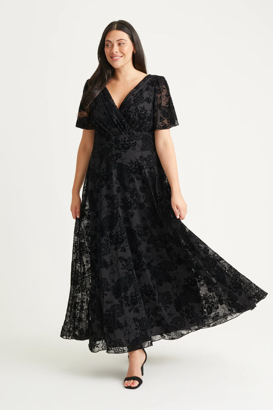 Scarlett & Jo Isabelle Black Velvet Flock Maxi Dress