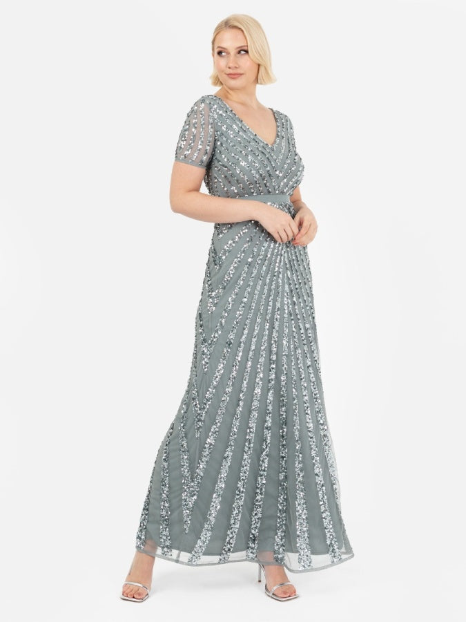 Maya Misty Green Short Sleeve Stripe Embellished Maxi Dress