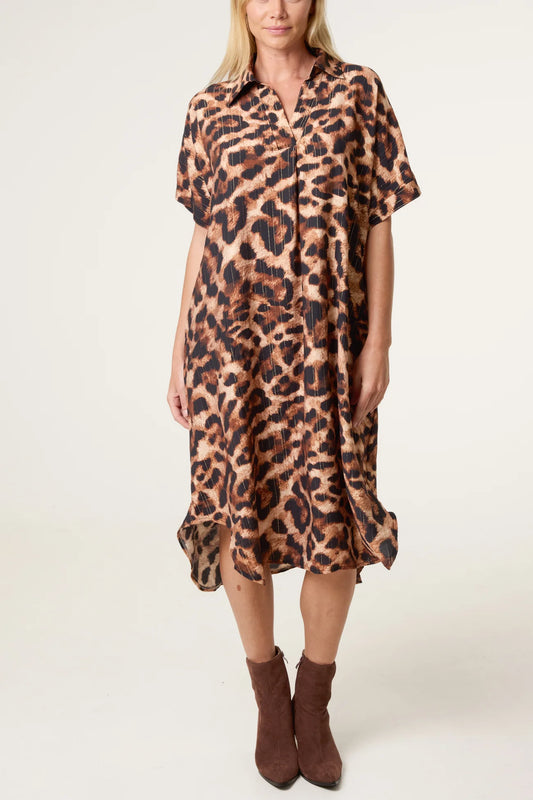 Metallic Leopard Print Short Sleeve Shirt Dress