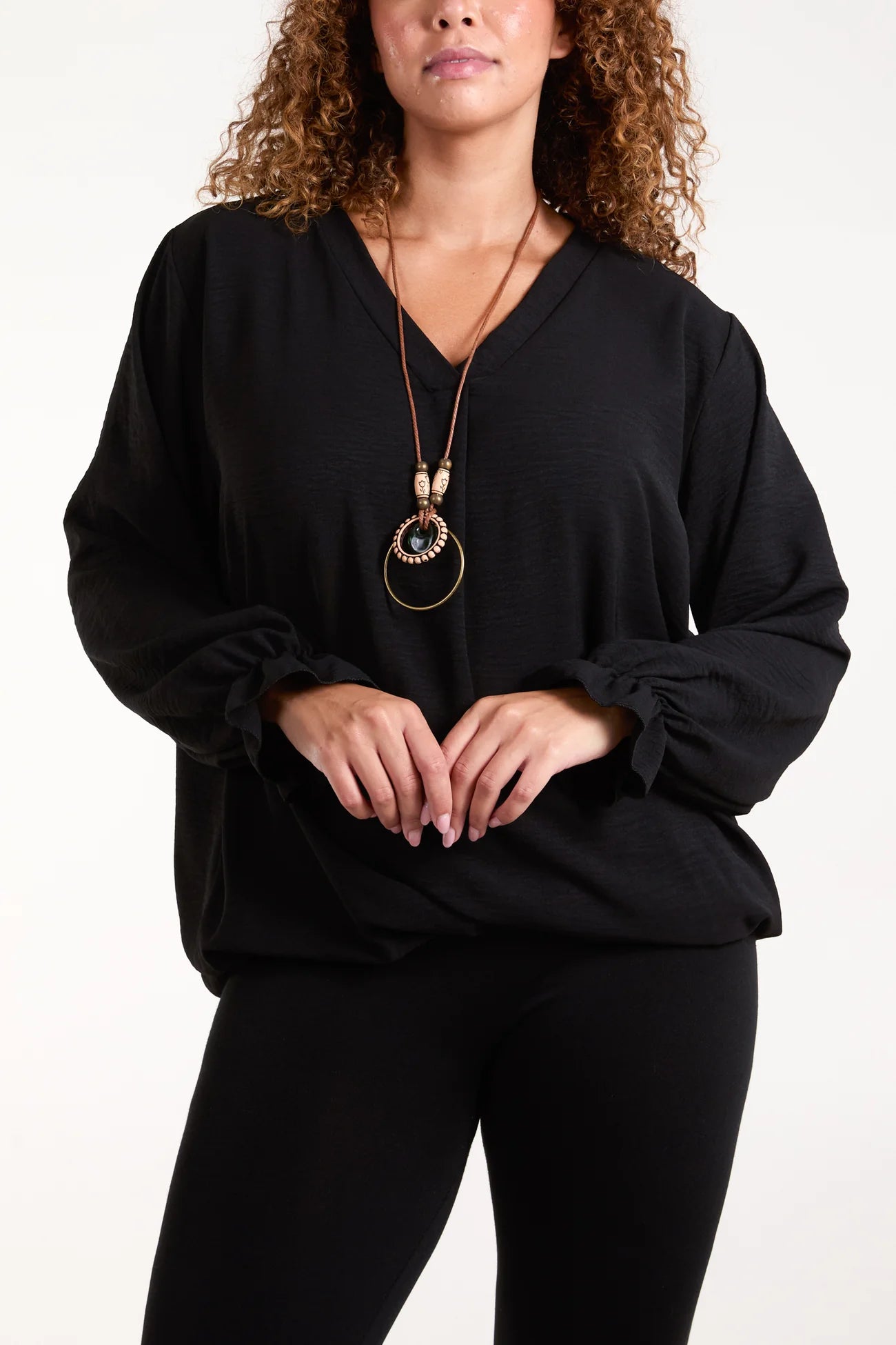 Necklace Bubble Hem Long Sleeve Blouse