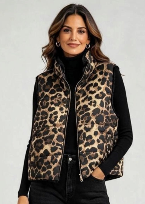 Faux Fur Animal Print Reversible Gilet