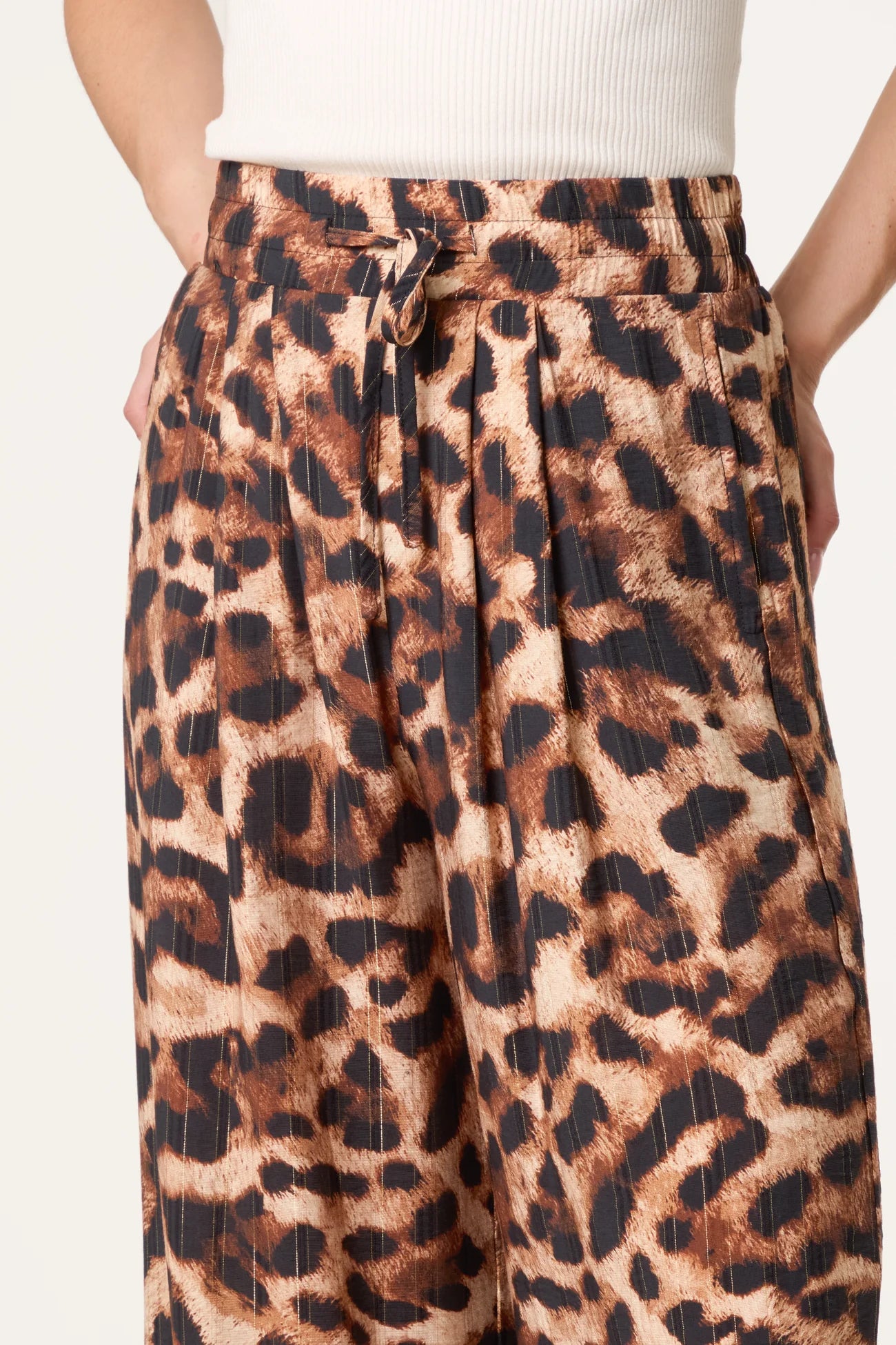 Metallic Stripe Leopard Print Wide Leg Trousers