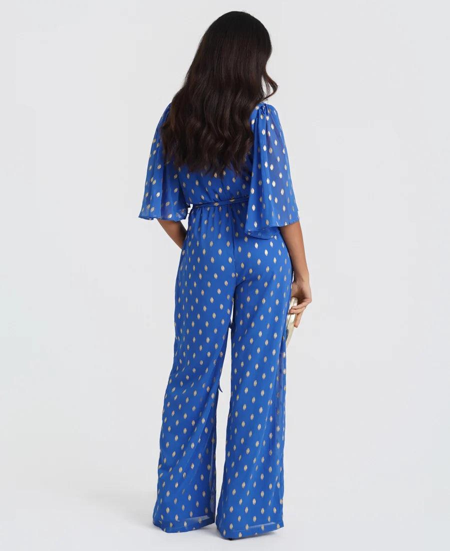Needs No Label Blue Gold Foil Jumpsuit