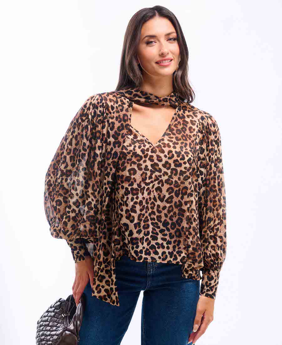 Needs No Label Leopard Print Tie Neck Blouse