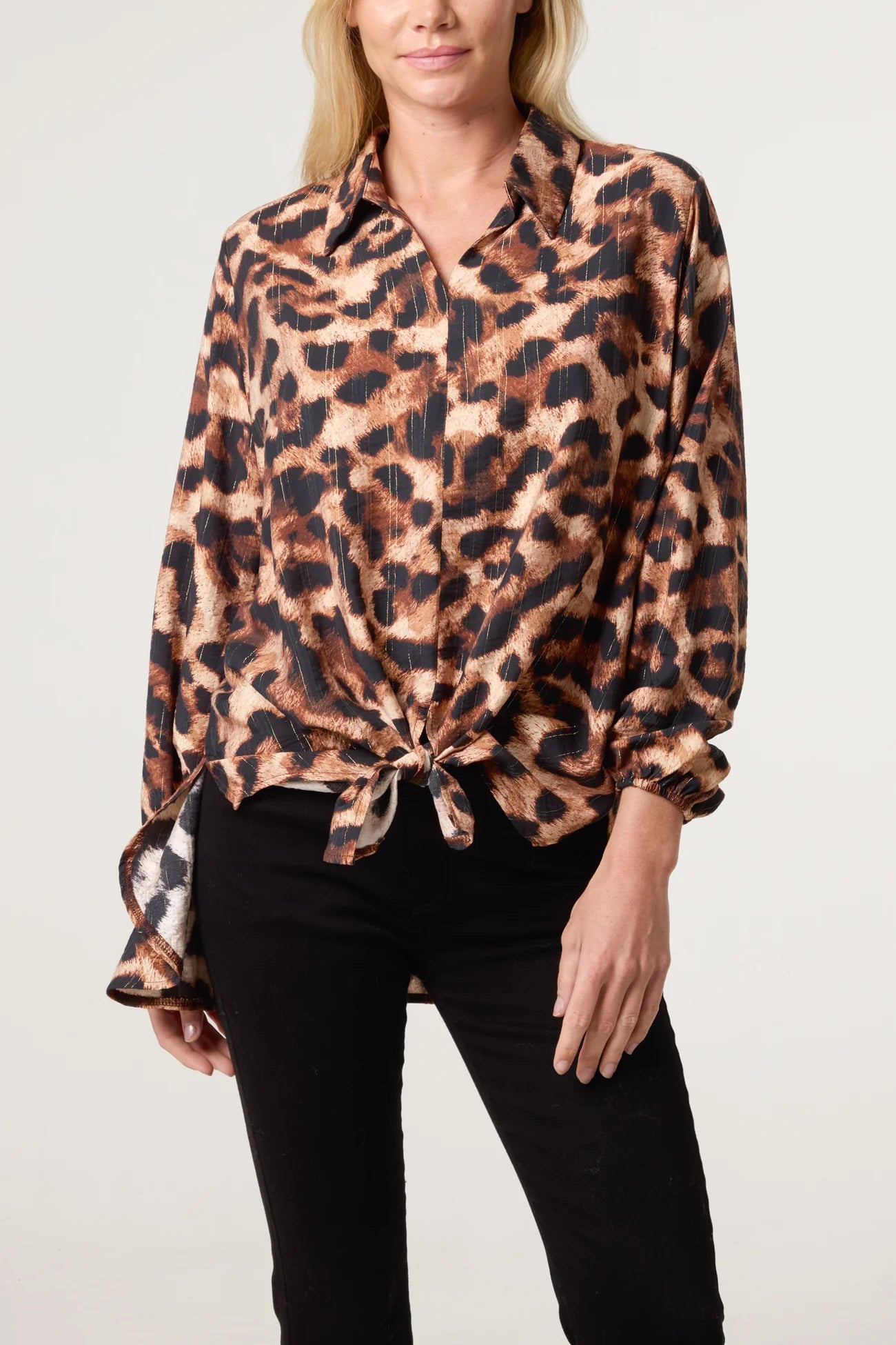 V-neck Leopard Print Metallic Detail Oversized Shirt