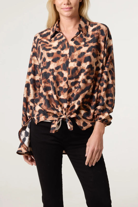 V-neck Leopard Print Metallic Detail Oversized Shirt