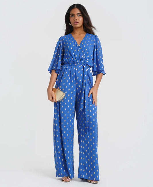 Needs No Label Blue Gold Foil Jumpsuit