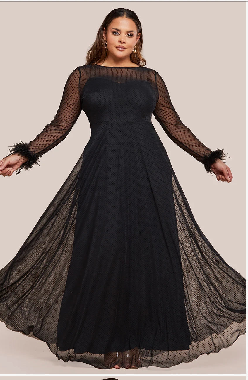 Mesh Sleeve, Feather Cuff Maxi Dress