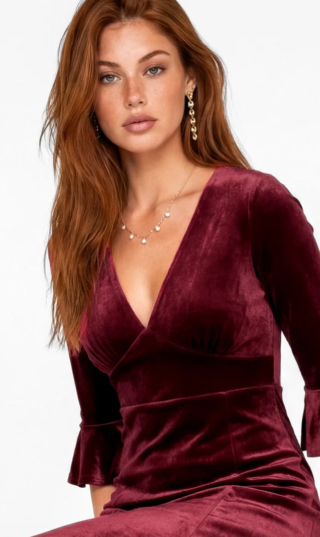 Maya Deluxe Vneck Flute Sleeve Velvet Maxi Dress